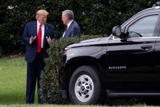 US President Donald Trump walks with White House Chief of Staff Mark Meadows as they exit the Oval Office as they depart the White House on September 12, 2020 in Washington, D.C. Trump will attend a roundtable with supporters at the Trump International Hotel in Washington, D.C. before flying to Las Vegas, Nevada tonight. US President Donald Trump walks with White House Chief of Staff Mark Meadows  Copyright: xAlexxEdelmanx
