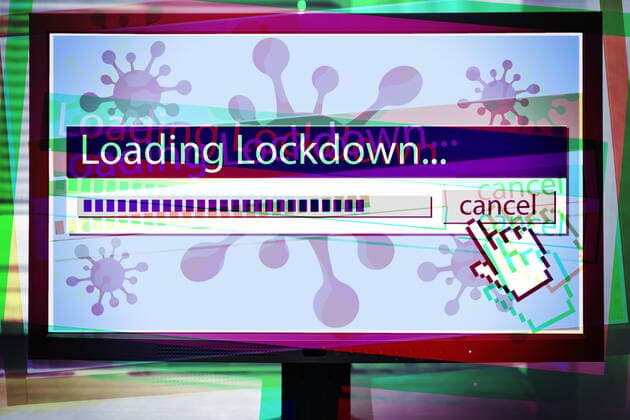 FOTOMONTAGE, Computermonitor mit Ladebalken Lockdown