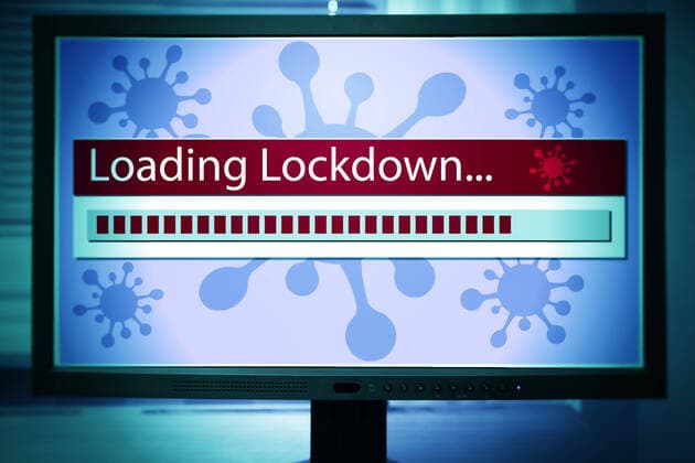FOTOMONTAGE, Computermonitor mit Ladebalken Lockdown