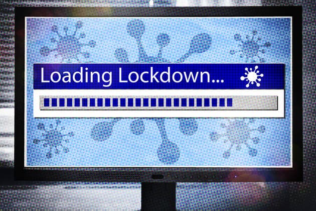 FOTOMONTAGE, Computermonitor mit Ladebalken Lockdown
