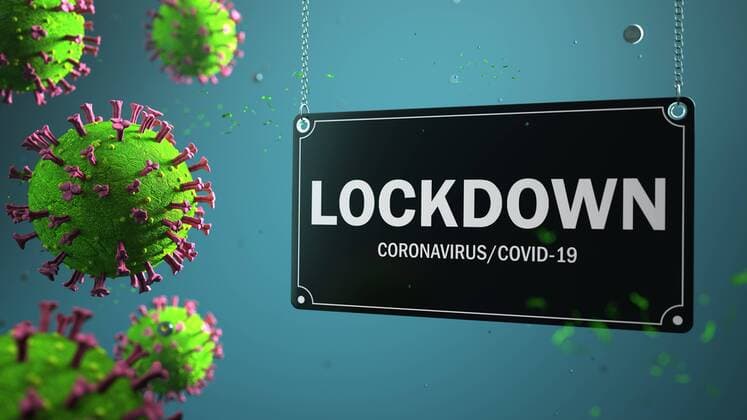Corona Virus Lockdown Sign Lockdown with the corona viruses in the back. 3d illustration.