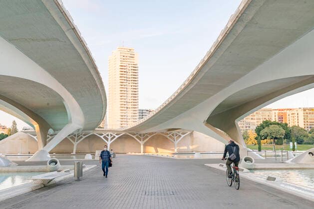 Architektur von Santiago Calatrava October 30, 2020, Valencia, Valencia, Spain: People walking under the Monteolivete Bridge in the City of Arts and Sciences in the Old Turia Riverbed during the state of alarm for the Covid19 pandemic on World Cities Day, Valencia 2020. Valencia Spain - ZUMAn295 20201030_zip_n295_014 Copyright: xXiscoxNavarrox