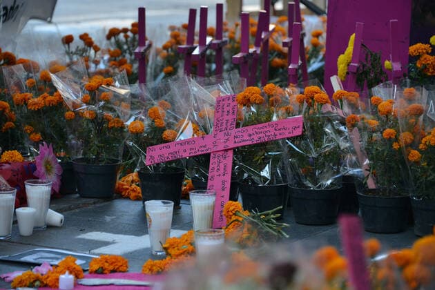 Mexico: Protest against Femicide MEXICO CITY, MEXICO - NOVEMBER 2: Gender violence honored with Day of the Dead altar during a march to commemorate victims of femicide, in protest against violence-gender during the Mexico Day of the Dead. Mexico is one of the countries in the world with the highest rate of gender violence, in 2020 there have been new 489 femicides on November 2, 2020 in Mexico City, Mexico **World Rights ** Mexico City Mexico Copyright: CarlosxTischler