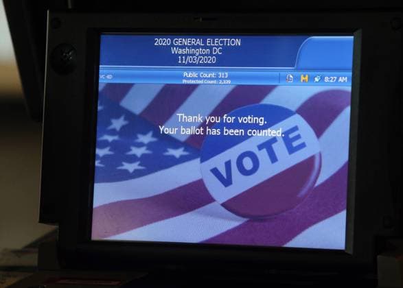 WASHINGTON, D.C., USA - NOVEMBER 3, 2020: An electronic ballot box used at a polling station at the Union Market building to vote in the 2020 general elections. The USA elect a president and vice president, 35 Senators, all 435 members of the House of Representatives, 13 governors of 11 states and two US territories, as well as state and local government officials. Incumbent Republican President Donald Trump and Democratic Party nominee Joe Biden are running for president. Yegor Aleyev TASS  TS0ED067