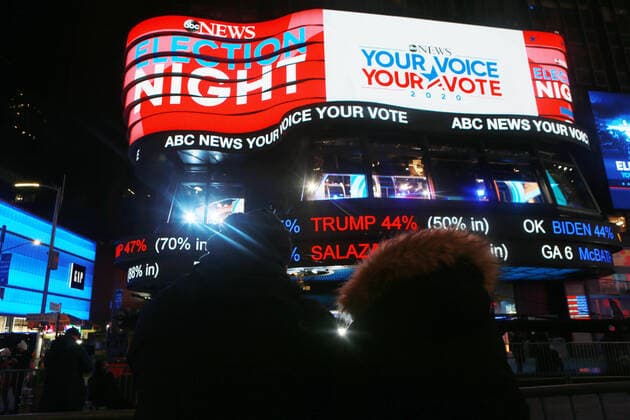 NEW YORK, NEW YORK: NOVEMBER 3, 2020- New York City Residents & Tourists alike gather in Times Square to monitor U.S. Presidential Elections between President Donald J. Trump and Democratic Presidential Candidate Joe Biden on November 3, 2020 in New York City. Photo Copyright: xmpi43 MediaPunchx