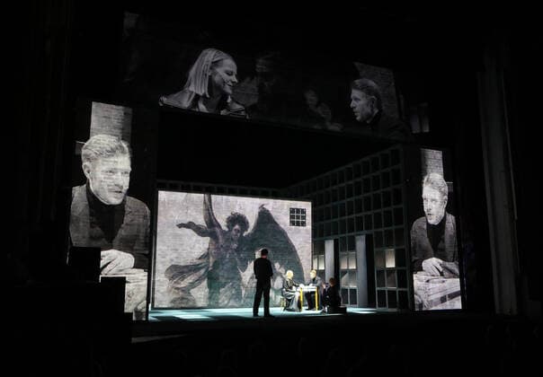 MOSCOW, RUSSIA - NOVEMBER 10, 2020: A scene from a theater production of Fyodor Dostoyevsky s novel Demons staged by director Konstantin Bogomolov at the Palace on the Yauza theater and concert hall. Sergei Fadeichev TASS  TS0EDC83