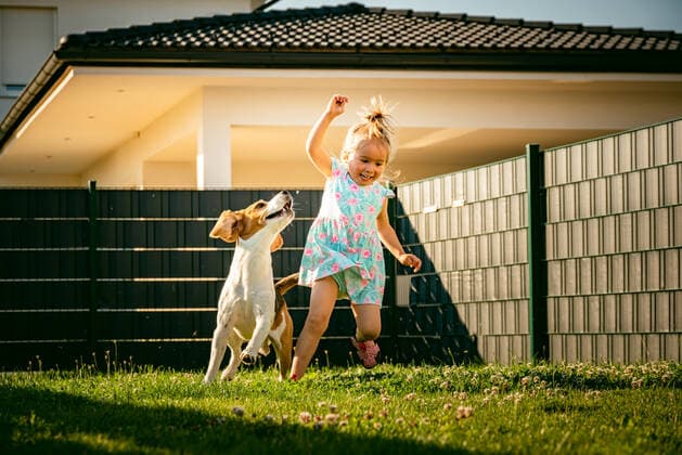 IMAGO Creative: Sommer, Sommertage im Garten Baby girl running with beagle dog in backyard in summer day. Domestic animal with children concept. Graz, Styria, Austria CR_PRIC201111B-552506-01 ,model released, Symbolfoto