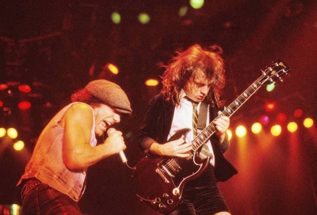 08 April 1988 --- Vocalist Brian Johnson and guitarist Angus Young of Australian band AC DC performing live in concert during the Blow Up Your Video tour at Carl-Diem-Halle in Würzburg, Germany, 08 April 1988 - - - --- - - - Photo: Hans-Martin Issler --- AC DC live