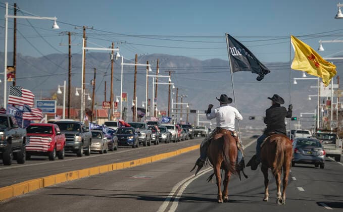 November 14, 2020, Albuquerque, USA: .Pictured are Trump supporters including members of the Cowboys for Trump group during a Trump rally held Saturday afternoon . It is estimated some 250 cars participated in a Trump train which traveled westbound Central avenue and ended up at Legacy Church ..Albuquerque, New Mexico ABQ Journal Albuquerque USA - ZUMAab1_ 20201114_zaf_ab1_005 Copyright: xRobertoxE.xRosalesx