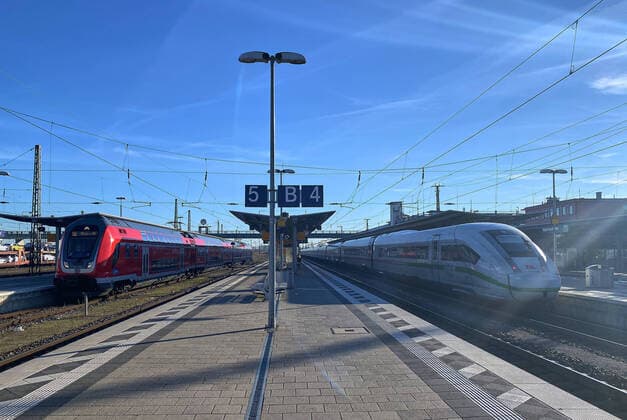 Ingolstadt, Germany, November 14, 2020. Trains in main railway station Ingolstadt Hauptbahnhof during Corona Virus pandemic.