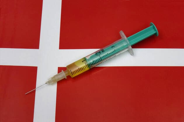 Spritze auf einer Länderflagge Spritze auf einer Länderflagge, 15.11.2020, Borkwalde, Brandenburg, Eine Spritze mit einem Impfstoff liegt auf der Länderflagge von Dänemark.
