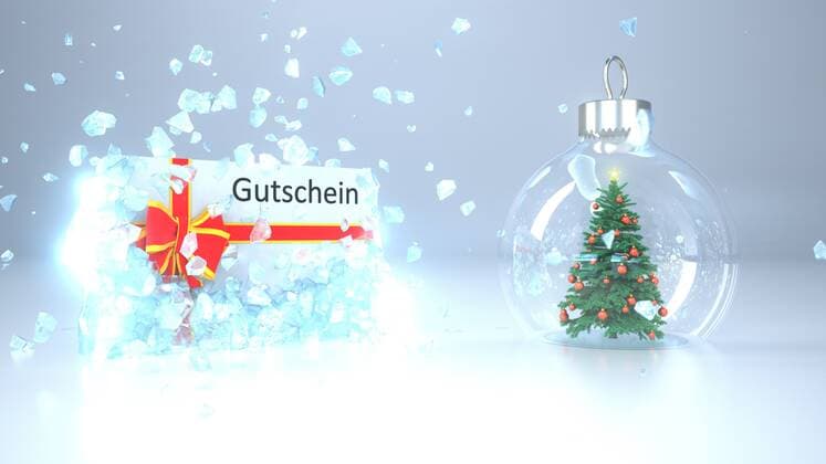 Splintered Ice Gutschein Christmas Tree Snow Ball German text Gutschein, translate Coupon. 3d illustration.