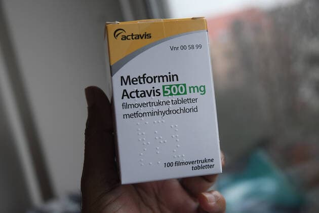 Copenhagen Denmark.,24 November 2020 Metformin actavis 500 mg diabetes medicine in hand in danish capital. .