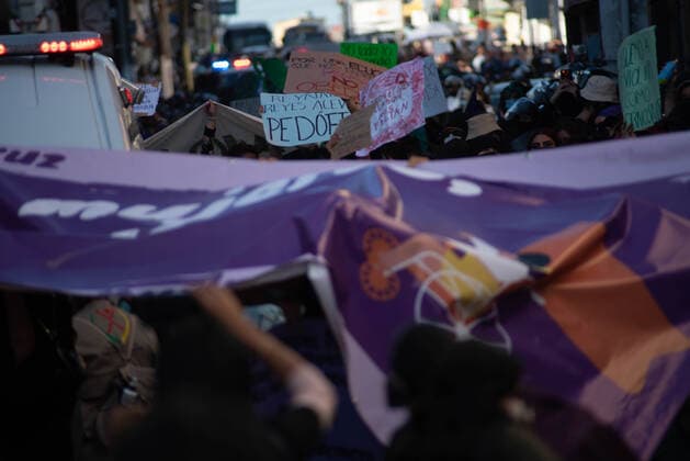 November 25, 2020: Feminist women s groups demonstrate in the city of Xalapa against violence against women. The march was held to commemorate the international day against violence against women. Consequently, a large police operation was deployed to intimidate and repress the protesters. - ZUMAqp1_ 20201125_zip_qp1_006 Copyright: xHectorxAdolfoxQuintanarxPerezx