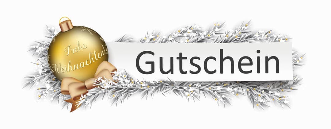 Gutschein Banner Golden Bauble Twigs Christmas German text Frohe Weihnachten, translate Merry Christmas.
