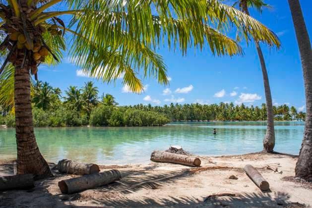 Tropical paradise seascape Taha a island landscape, French Polynesia. Motu Mahana palm trees at the beach, Taha a, Society Islands, French Polynesia, South Pacific. French Polynesia Copyright: xSergixReboredox SRE-DJ5477