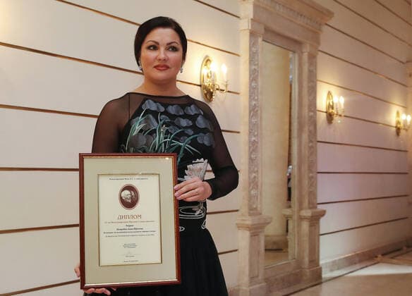 MOSCOW, RUSSIA â€“ NOVEMBER 30, 2020: Opera singer Anna Netrebko at the 25th Stanislavsky Award ceremony at the Bolshoi Theatre. Netrebko won a Stanislavsky prize for outstanding creative achievement in world opera . The Stanislavsky Award is an international prize established in 1994 and presented by the Stanislavsky Foundation to theatre actors, directors, critics and others for their contribution to Russian and world theatre. Vyacheslav Prokofyev TASS  TS0F00C4