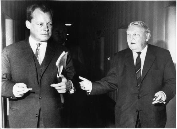 Mayor Willie Brandt of West Berlin and Ludwig Erhard, Economics Minister, In Discussion, Bonn, West Germany, 1961  Copyright: xJTxVintagex xGlasshousexImagesx jtv004935