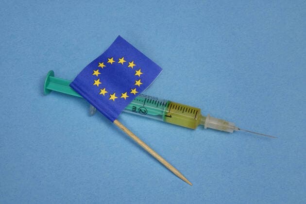 Spritze und Fähnchen Spritze und Fähnchen, 05.12.2020, Borkwalde, Brandenburg, Auf einer Spritze liegt ein Fähnchen von der Europäischen Union.