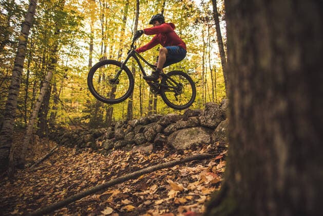 Male mountain biker going off jump during foliage season Conway, NH, United States CR_BRDO201207B-579938-01 ,model released, Symbolfoto