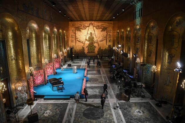 Preparations underway before the start of the the Nobel Prize ceremony in the Golden Hall in the City Hall of Stockholm, Sweden, on Dec 10, 2020 Due to the corona Covid 19 pandemic, a digital awards ceremony takes place at the Stockholm City Hall with no Lauerates present, and parts of the ceremony is pre produced STOCKHOLM SWEDEN x10080x,  Copyright: xFredrikxSandberg TTx SWEDEN NOBEL CEREMONY