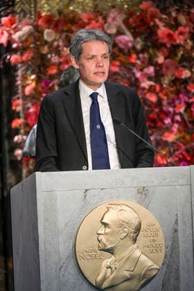 Professor Ulf Danielsson, Member of the Nobel Committee, presents the winners of this years Nobel Prize in Physics during the the Nobel Prize ceremony in the Golden Hall in the City Hall of Stockholm, Sweden, on Dec 10, 2020 Due to the corona Covid 19 pandemic, a digital awards ceremony takes place at the Stockholm  Copyright: xFredrikxSandberg TTx SWEDEN NOBEL CEREMONY