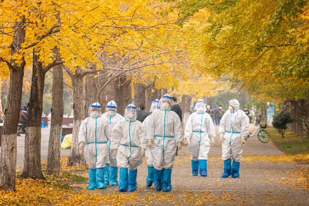 CHENGDU, CHINA - DECEMBER 11: Medical workers wearing protective suits work at Southwest Jiaotong University on December 11, 2020 in Chengdu, Sichuan Province of China.  Copyright: xVCGx CFP111310188681