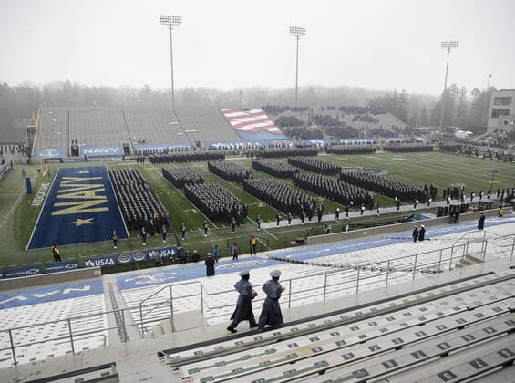U.S. Military Academy cadets stand in a pre-game formation and wearing face masks before the Army Black Knights play the Navy Midshipmenon in the 121st traditional Army-Navy Game at Michie Stadium at West Point on Saturday, December 12, 2020. The annual rivalry game has traditionally been played in front a capacity crowd in NFL stadiums in Philadelphia, Baltimore, Landover or East Rutherford, but the coronavirus pandemic forced the game to be played at West Point for the first time since 1943.  NYP20201212104 JOHNxANGELILLO