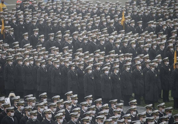 U.S. Military Academy cadets stand in a pre-game formation and wearing face masks before the Army Black Knights play the Navy Midshipmenon in the 121st traditional Army-Navy Game at Michie Stadium at West Point on Saturday, December 12, 2020. The annual rivalry game has traditionally been played in front a capacity crowd in NFL stadiums in Philadelphia, Baltimore, Landover or East Rutherford, but the coronavirus pandemic forced the game to be played at West Point for the first time since 1943.  NYP20201212106 JOHNxANGELILLO