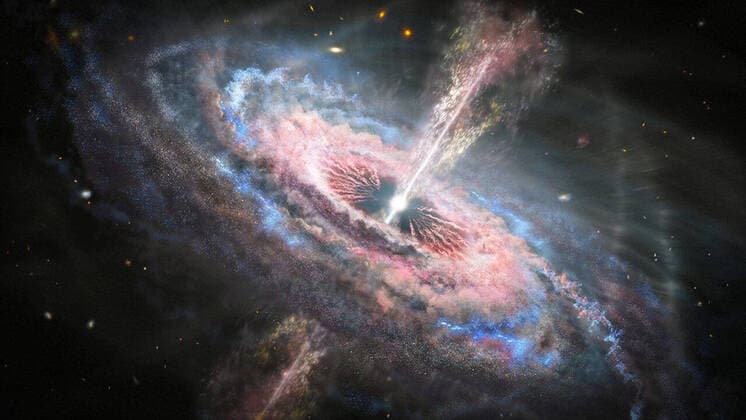 Bilder des Jahres 2020, News 12 Dezember News Bilder des Tages December 15, 2020, USA: Using the unique capabilities of s Hubble Space Telescope, a team of astronomers has discovered the most energetic outflows ever witnessed in the universe. They emanate from quasars and tear across interstellar space like tsunamis, wreaking havoc on the galaxies in which the quasars live. This illustration shows a distant galaxy with an active quasar at its center. A quasar emits exceptionally large amounts of energy generated by a supermassive black hole fueled by infalling matter. USA - ZUMAz03_ 20201215_sha_z03_909 Copyright: xNASAx