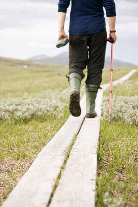 Low section of hiker walking on narrow boardwalk , model released Copyright: xKentarooxTrymanx , MA49922