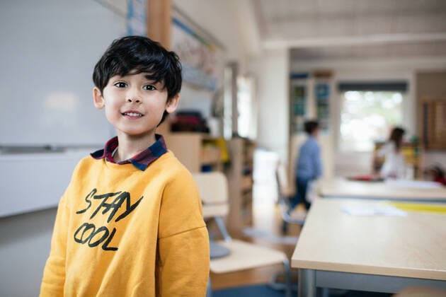 Portrait of boy standing in classroom , model released, property released Copyright: xMaskotx , MA51260
