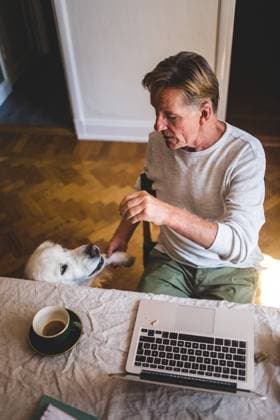 IMAGO Creative: Dichotomien, Generationen High angle view of senior man playing with dog while working on laptop from home , model released, property released Copyright: xMaskotx , MA67453