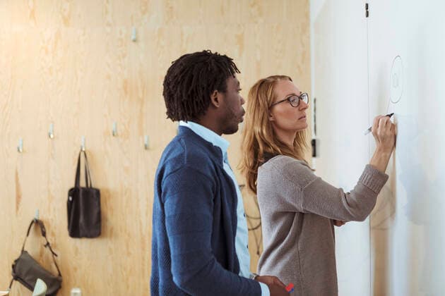 Male and female colleagues writing business plan on whiteboard in office , model released, property released Copyright: xKentarooxTrymanx , MA69724