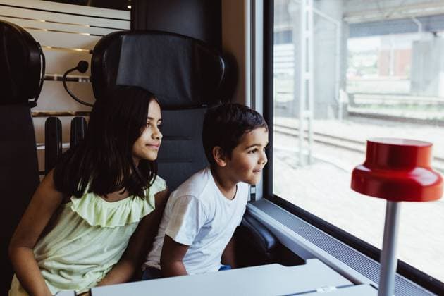 Siblings looking through train window while traveling together , model released, property released Copyright: xMaskotx , MA74763