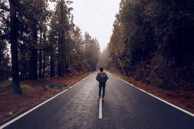 Traveler walking on empty road in woods, Model released Copyright: xRubenxSotox MR