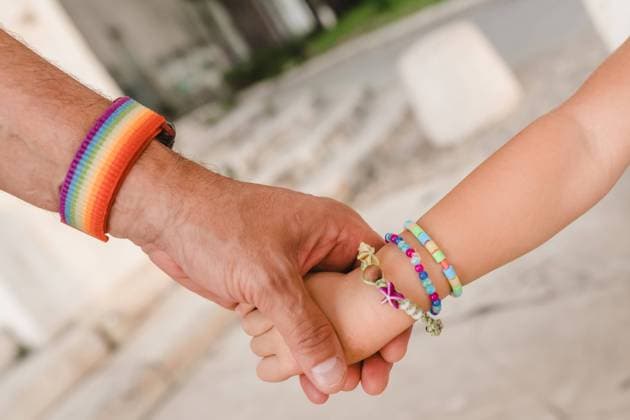 IMAGO Creative: Pride Month 2022, Engagement der Jugendlichen Unrecognizable crop gay man with rainbow bracelet holding hand of little kid while standing together in city at weekend, Model released Copyright: xSixAndxSix MR