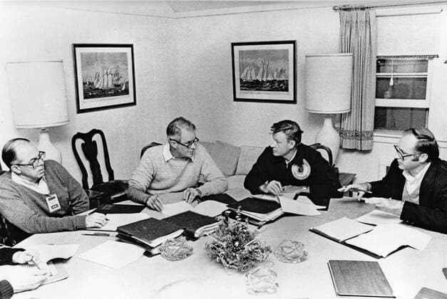Sep 14, 1978 - Thurmont, Maryland, United States of America - United States Secretary of State CYRUS VANCE, left center, and National Security Advisor ZBIGNIEW BREZEZINSKI, right center, participate in a morning meeting of the American delegation at Camp David. The staff person at left is unidentified, BIBB QUANT, a National Security staff member is at right. Thurmont United States of America - ZUMAz03_ 19780914_jes_z03_196 Copyright: xWhitexHousex
