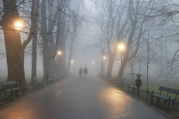 IMAGO Creative: Jahreszeit Winter, Spaziergang KRAKOW, POLAND - DECEMBER 06, 2015: Couple walking in mist. October morning in Planty Park, Krakow, Poland.  BEW1D88CD4B