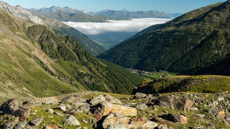 Panorama of Sulden Valley (South Tyrol, Italy) on a sunny day in summer Stilfs Italy