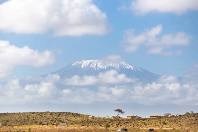 Kilimanjaro overlooking african savannah. Mount Kilimanjaro, Tanzania., the highest mountain in Africa. Traditional african savannah village in foreground.kilimanjaro, kenya, travel, africa, landscape, mountain, tanzania, african, snow, nature, mount, safari, traditional, national, hut, amboseli, sky, savanna, park, savannah, peak, high, blue, outdoors, scenic, point, village, tree, natural, majestic, grass, tourism, volcano, bush, wilderness, cloud, glacier, highest, grassland, green, horizontal, covered, rock, beauty, clouds, warm, scenery, dramatic, house, 