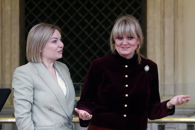 MOSCOW, RUSSIA - DECEMBER 24, 2020: Russia s Culture Minister Olga Lyubimova (L) and actress Anna Mikhalkova awarded an Order for Merit to the Fatherland 2nd class during a ceremony at the Beethoven Concert Hall of the Bolshoi Theater. Artyom Geodakyan TASS  TS0F2B48