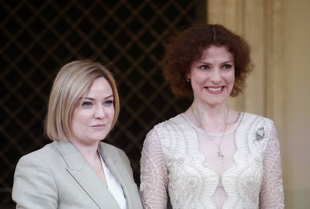 MOSCOW, RUSSIA - DECEMBER 24, 2020: Russia s Culture Minister Olga Lyubimova (L) and actress Varvara Andreyeva awarded the Honored Artist of Russia title during a ceremony at the Beethoven Concert Hall of the Bolshoi Theater. Artyom Geodakyan TASS  TS0F2B58