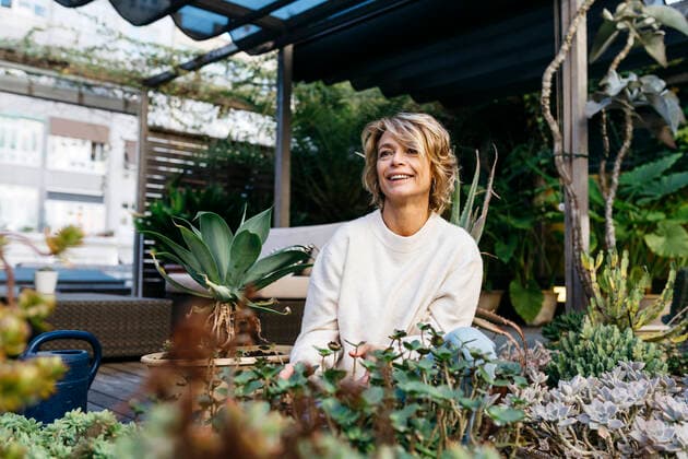 Smiling woman looking away amidst plant at rooftop garden model released Symbolfoto property released JRFF04929