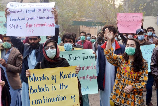 Pakistan: Protest against social activists Activists of Civil Society hold placards during protest against social activists women Karima Baloch killed in Canada outside press club Lahore on December 24, 2020.A dissident Pakistani human rights activist living in exile in Canada has been found dead in Toronto after going missing.Karima Baloch, 37, was granted asylum in Canada in 2016 after her work as a human rights activist in the troubled Pakistan state of Balochistan had led to her being followed and threatened by the authorities.The first chair of the Baloch Students Organization (BSO-Azad), a political student organisation, she had been advocating for the rights of those in a region home to a long-running insurgency movement, and raising Copyright: RanaxSajidxHussain