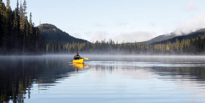 Sincere bearded man paddles canoe on calm misty lake by trees and sky Canada, British Columbia, Pemberton CR_PSFZ201224C-597479-01 ,model released, Symbolfoto
