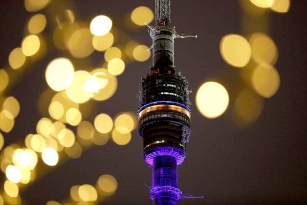 MOSCOW, RUSSIA - DECEMBER 27, 2020: A view of the Ostankino Television Tower from Ostankino Park decorated for New Year celebrations. Artyom Geodakyan TASS  TS0F32A1