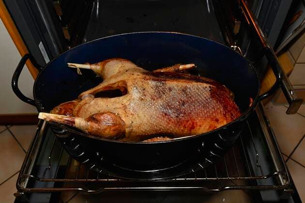  Gebratene Weihnachtsgans im Bräter vor Backofen, Stuttgart, Baden-Württemberg, Deutschland, Europa *** Roasted Christmas goose in roaster in front of oven, Stuttgart, Baden Württemberg, Germany, Europe Copyright: imageBROKER/MichaelxWeber ibximw06491695.jpg