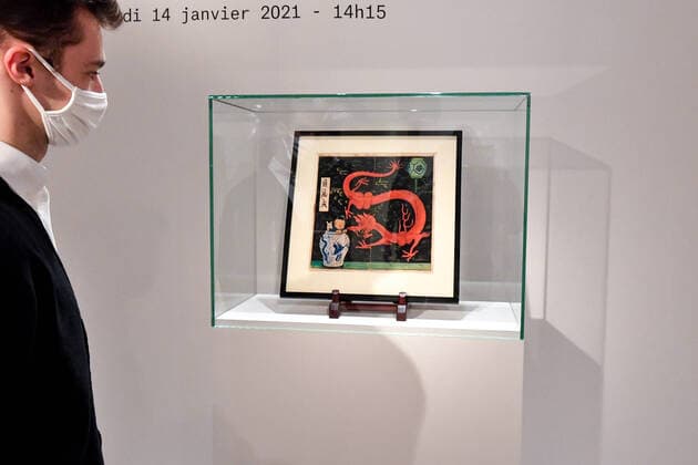 Bilder des Jahres 2021, Entertainment 01 Januar Entertainment Themen der Woche KW02 Bande dessinee - Vente aux encheres L univers du createur de Tintin : la couverture du Lotus bleu d Herge aux encheres. La maison Artcurial sur les Champs-Elysees a Paris met aux encheres jeudi le genial dessin cree par Herge en 1936 pour la couverture du Lotus bleu, estimee entre 2,2 et 2,8 millions d euros. Herge-Moulinsart 2021 NEWS : Vente aux encheres : L univers du createur de Tintin - Paris - 12 01 2021 LionelUrman Panoramic 