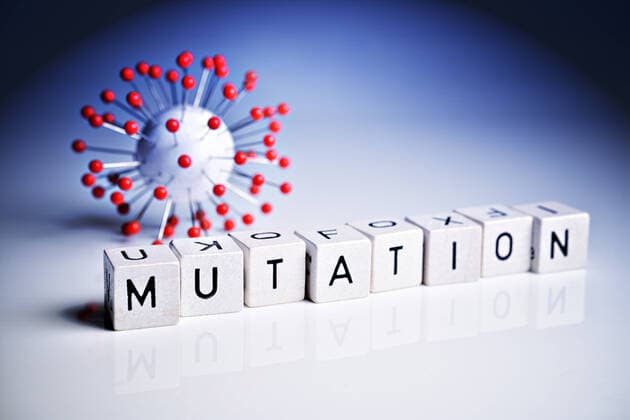 BuchstabenwÃ¼rfel bilden das Wort Mutation neben einem Coronavirus-Modell